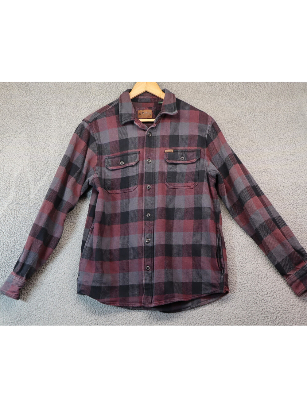 Orvis Men Heavy Flannel Plaid Hand Warmer Maroon Gray Medium
